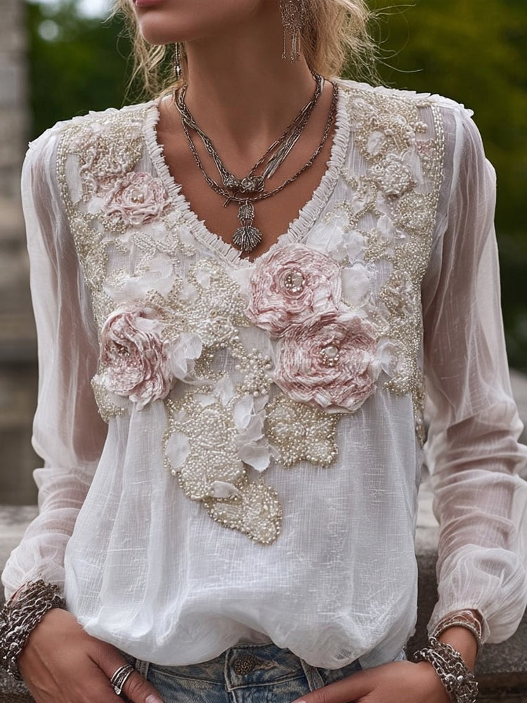 Comstylish Vintage Pink Flowers Embroidered Long Sleeve Linen Shirt