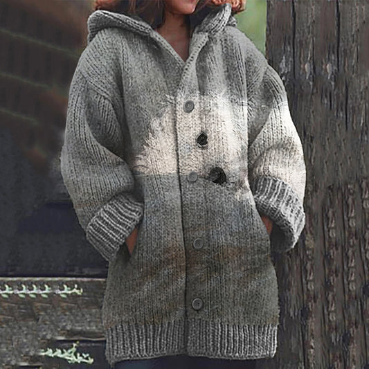 Comstylish Cute Dog Print Long Sleeve Knitted Hooded Cardigan