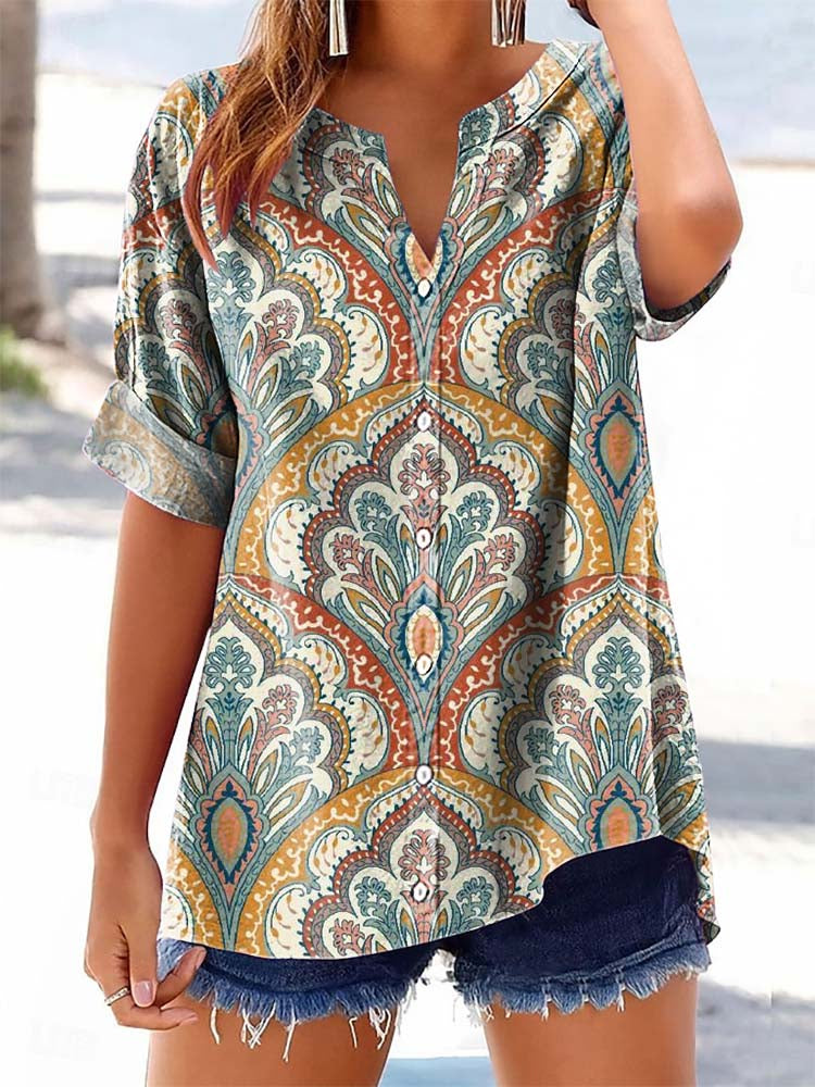 Women's Vintage Tattoo Pattern Art Print Casual Cotton Linen Shirt