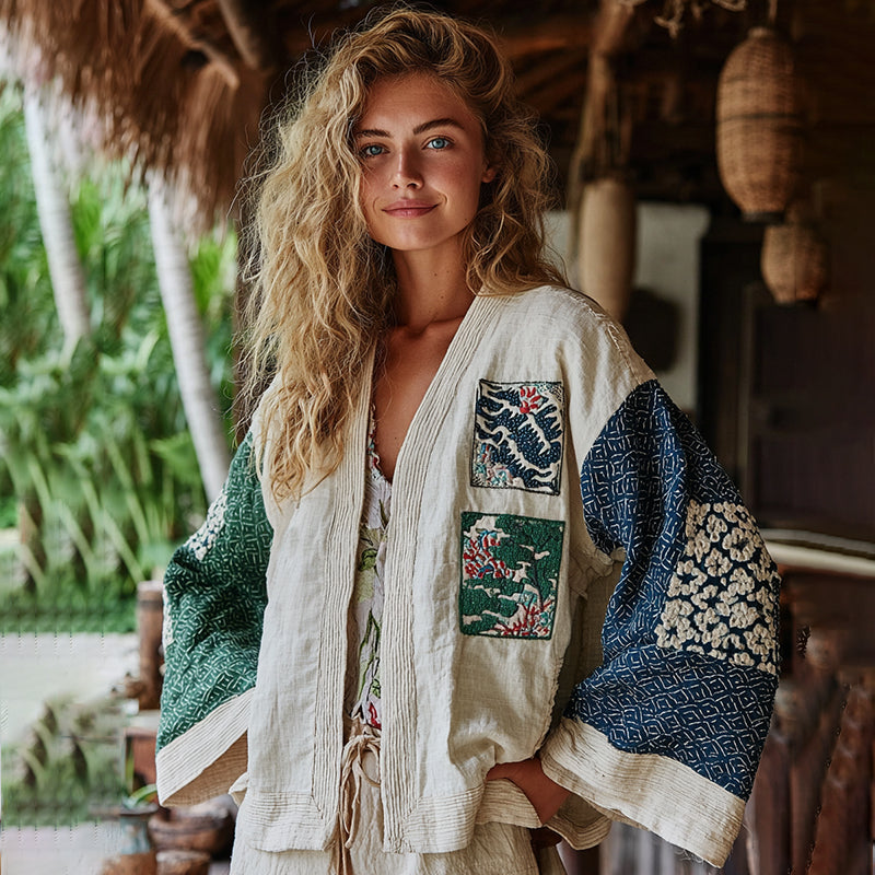 Classic Bohemian Japanese Traditional Sashiko Patchwork Art Embroidery Print Cotton And Linen Blend Kimono Cardigan artswardrobe