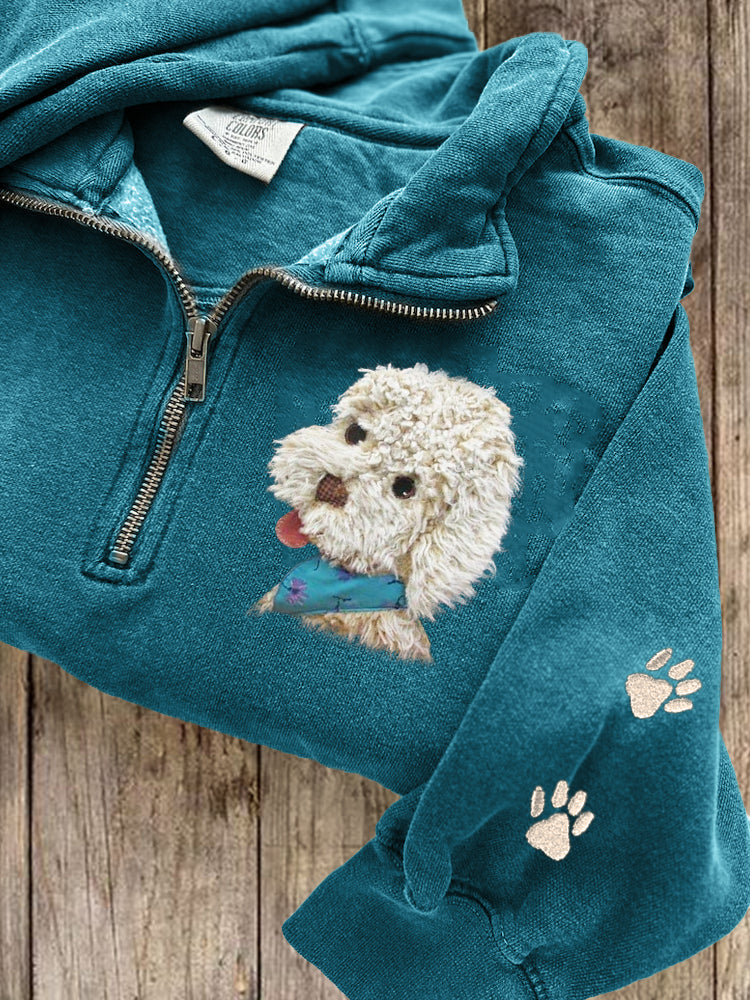 Comstylish Fuzzy Poodle Dog Plush Embroidered Zip Up Sweatshirt