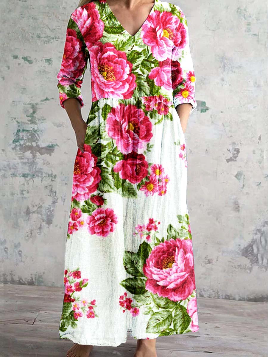 Women's Rose Flower Pattern Resort Style V-Tie Pocket Dress