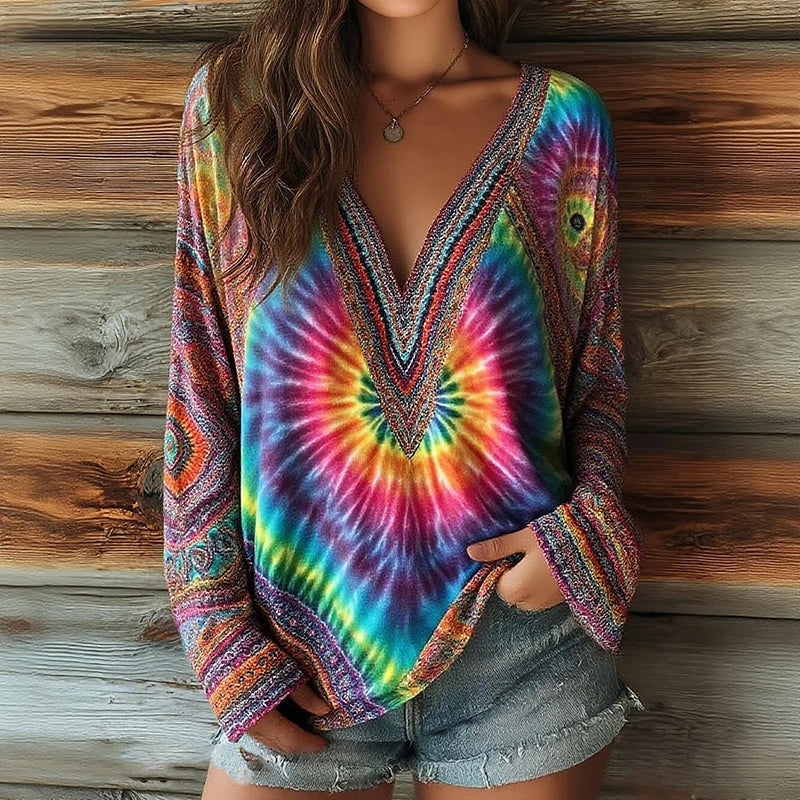 Comstylish Women's Ethnic Geometric Tie-dye Print V-neck T-shirt