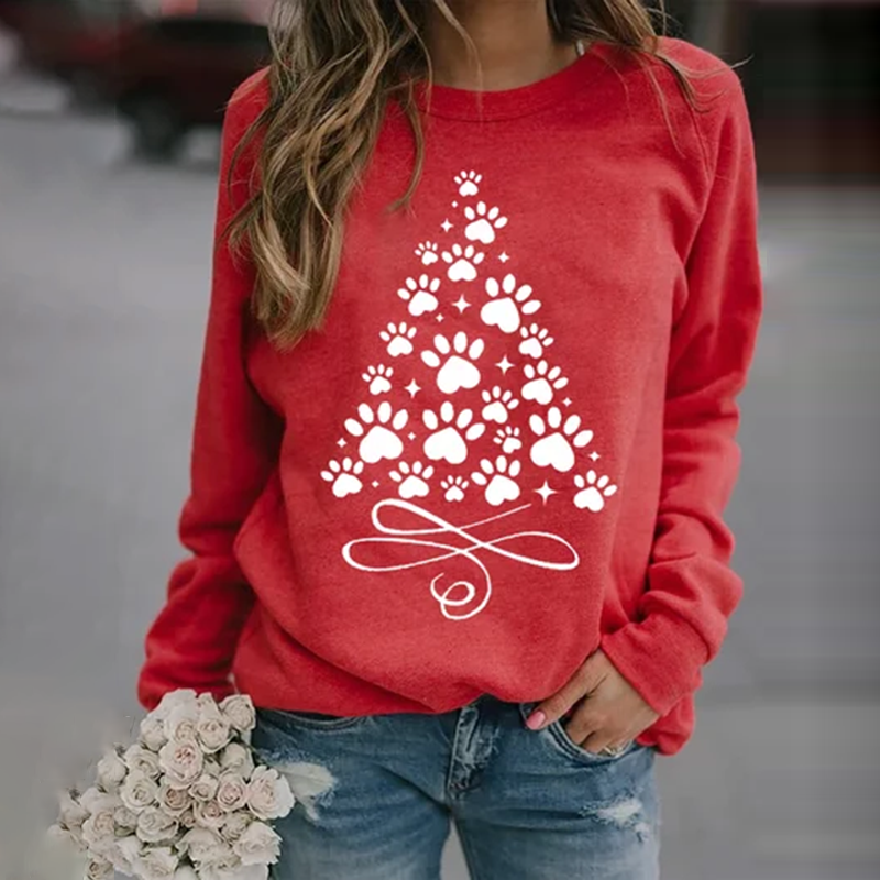 Comstylish Women's Shiny Dog Paw Christmas Tree Printed Sweatshirt