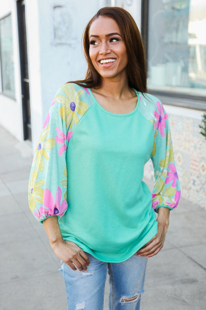 Sabina® | Flower Power Mint French Terry floral print color block sweater