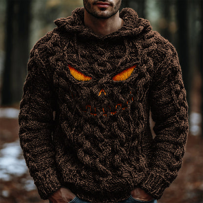 Halloween Evil Pumpkin Emoji Men's Chunky Knit Hooded Sweater artswardrobe