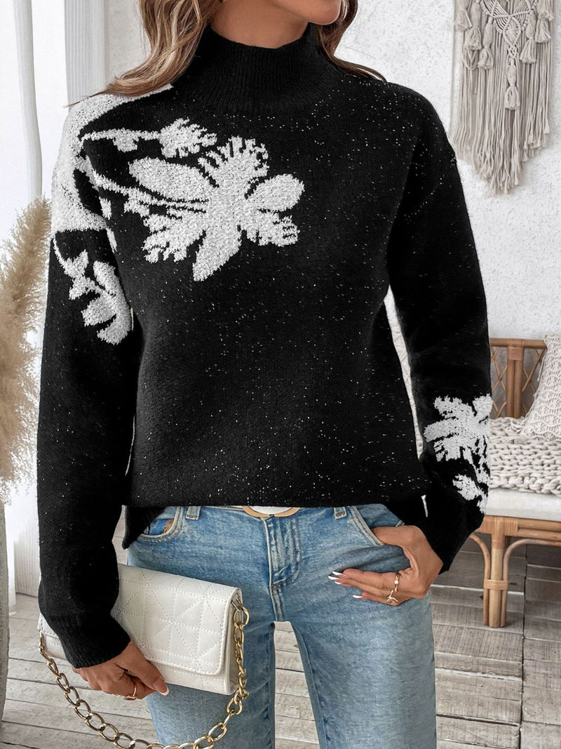 Maglione in cotone con collo alto e motivo jacquard floreale monocromatico