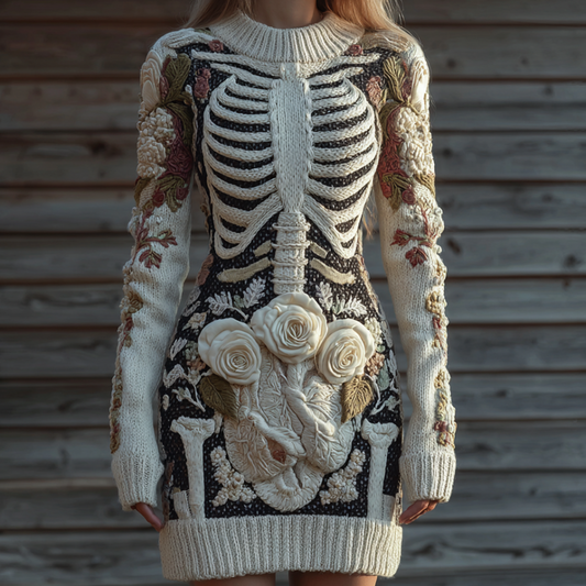 Halloween Human Anatomy Pattern And Flower Pattern Combined Design Women's Round Neck Knit Sweater Dress artswardrobe