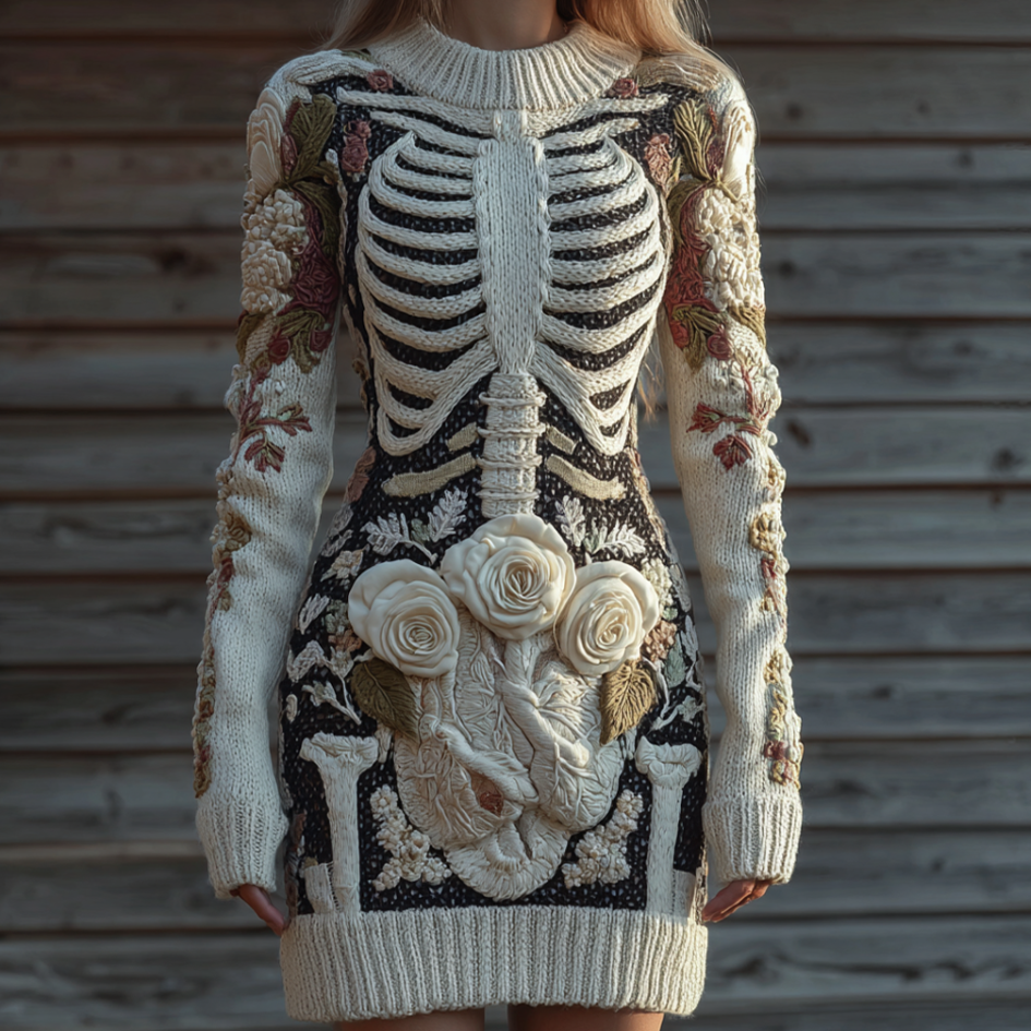 Comstylish Halloween Human Anatomy Pattern And Flower Pattern Combined Design Women's Round Neck Knit Sweater Dress