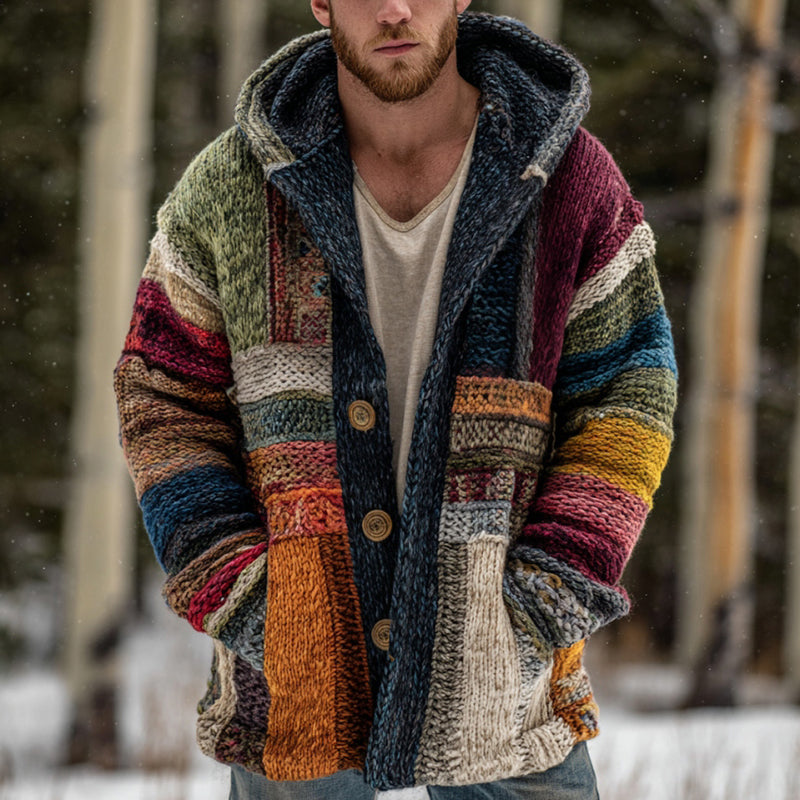 Men's Vintage Geometric Block Knit Button Hooded Sweater elevenforest