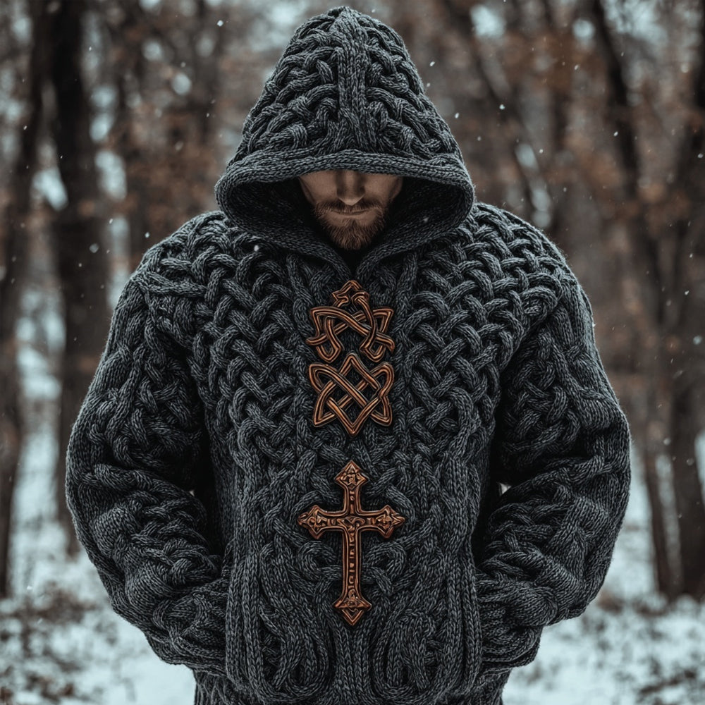 Men's Viking Inspired Celtic Cross Chunky Hooded Sweater artswardrobe