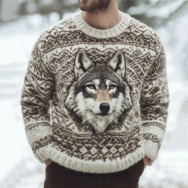Vintage Men's Warm Wolf Pattern Crew Neck Sweater elevenforest