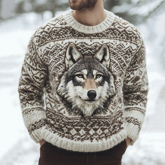 Vintage Men's Warm Wolf Pattern Crew Neck Sweater elevenforest