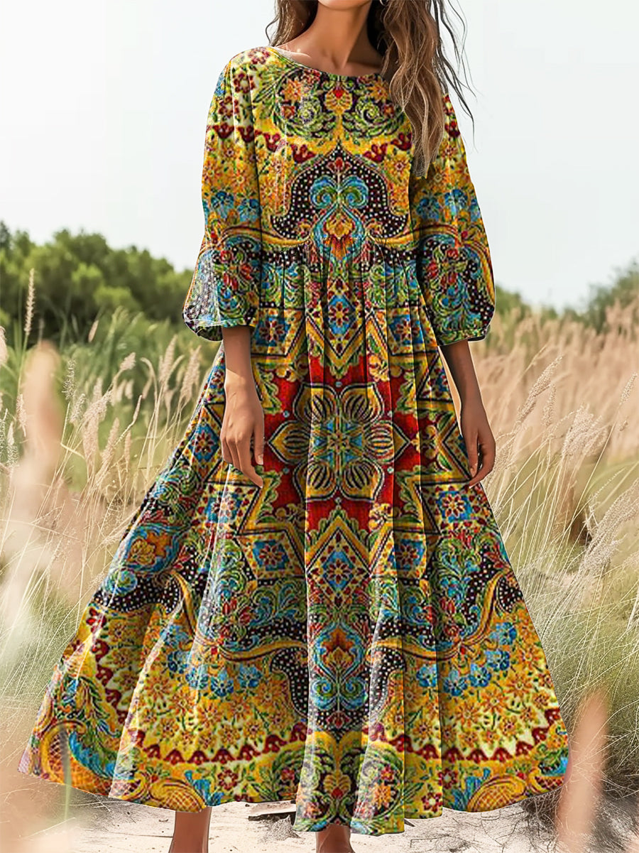 Women's Vintage Ethnic Floral Art Print Flowy Cotton Crew Neck Dress