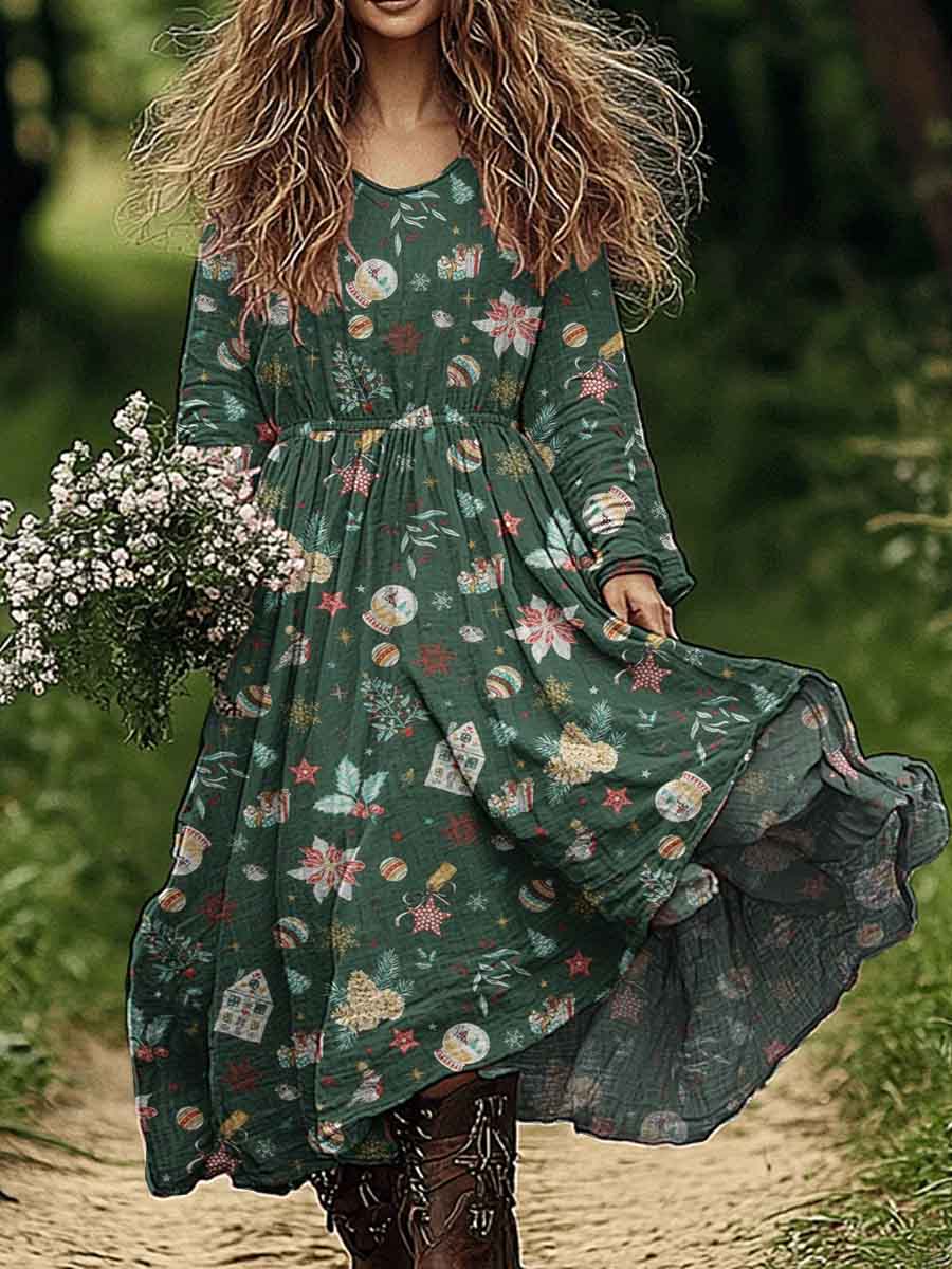 Women's Christmas Floral Pattern Cotton and Linen Dress