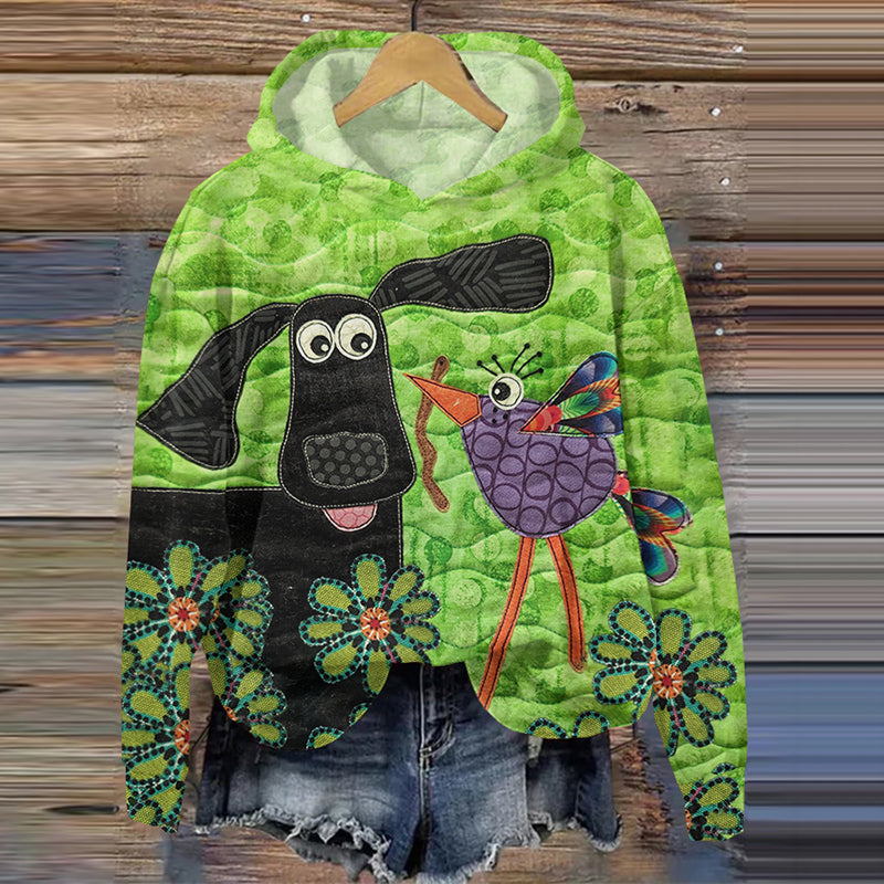 Comstylish Retro Cute Dog And Bird Print Casual Hoodie