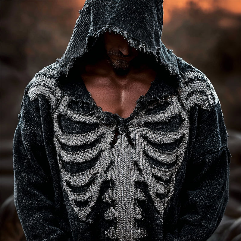 Men's Skeleton Inspired Distressed Cozy Knit Hooded Sweater artswardrobe