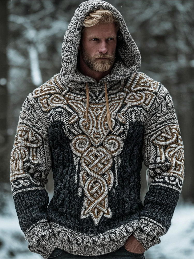 Men's Hooded Thick Sweater With Viking Style Tribal Totem And Wolf Totem Patterns elevenforest