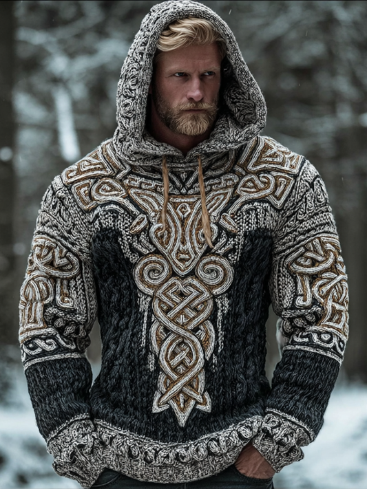 Men's Hooded Thick Sweater With Viking Style Tribal Totem And Wolf Totem Patterns elevenforest