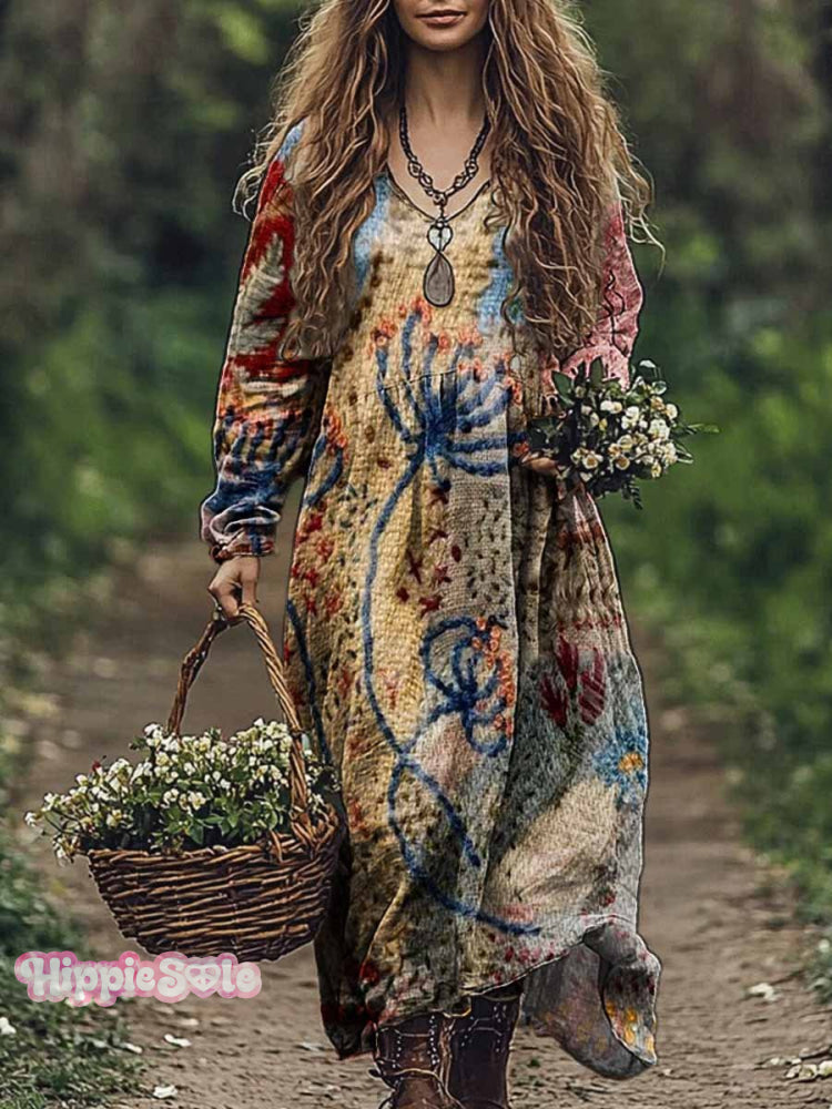 Women's Patchwork Pattern Print V Neck Pocket Cotton Dress