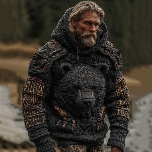 Men's Viking Brown Bear Celtic Knot Jacquard Knitted Hooded Sweater artswardrobe
