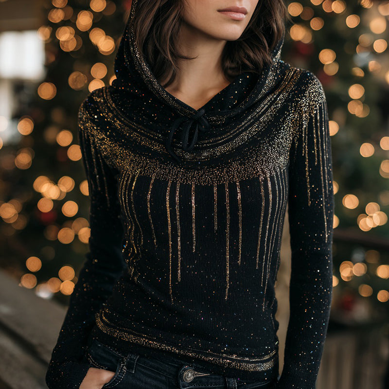 Comstylish Women's Christmas Gold Star Knitted Jacquard Hooded Sweater