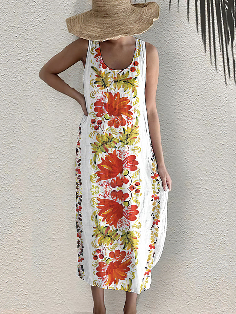 Red Botanical Flower Pattern Sleeveless Dress
