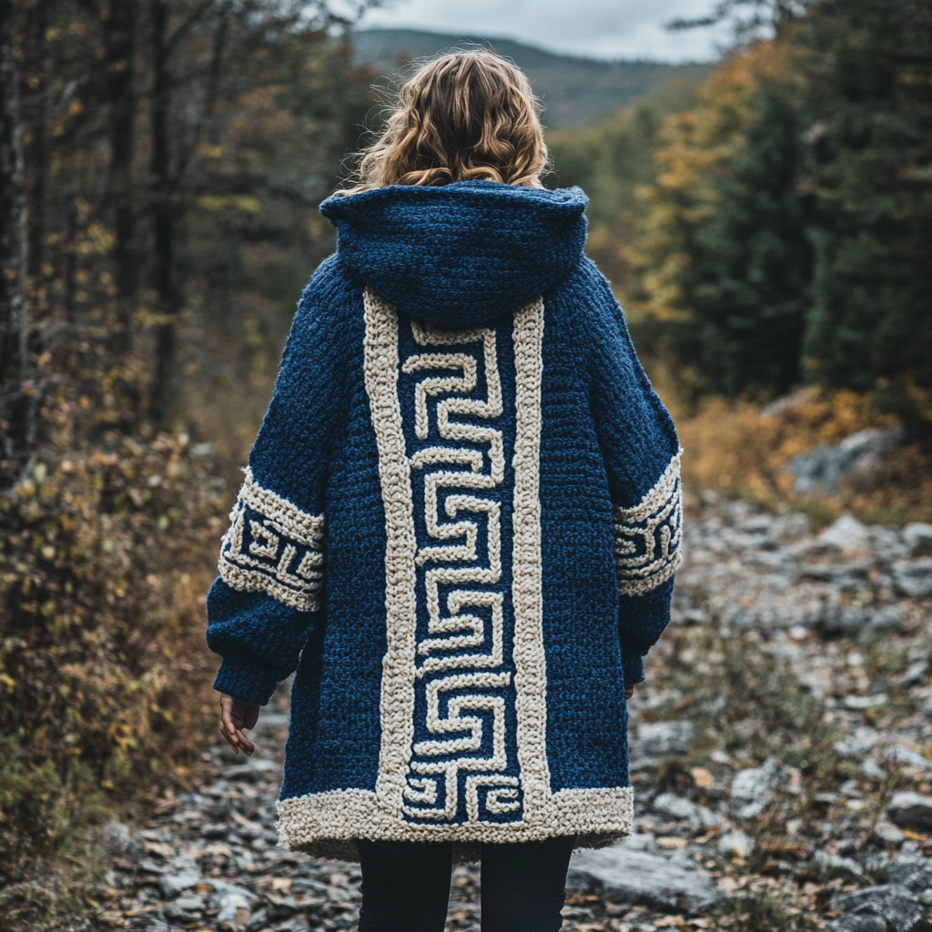 Women's Greek Art Inspired Jacquard Knit Cozy Hooded Cardigan elevenforest