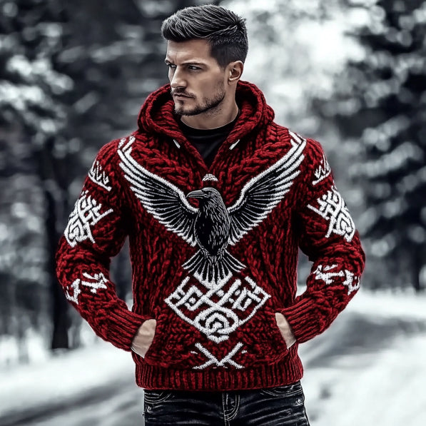 Men's Viking Raven And Rune Knitted Warm Hooded Sweater artswardrobe