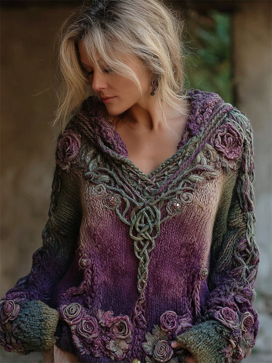 Vintage Purple Roses Celtic Knot Cozy Hooded Sweater elevenforest