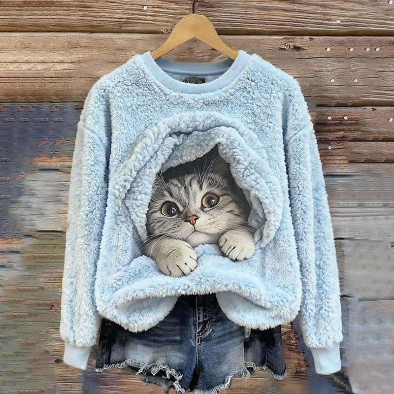Comstylish Women's Cute Cat Cozy Crew Neck Flannel Sweatshirt