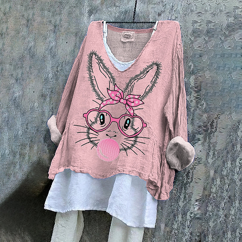 Comstylish Women's Cute Bunny Embroidery Pattern Linen Blend Shirt