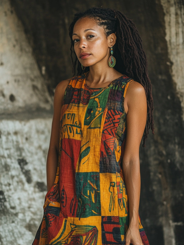 Vintage Tribal Print Women's Linen Vest Dress artswardrobe
