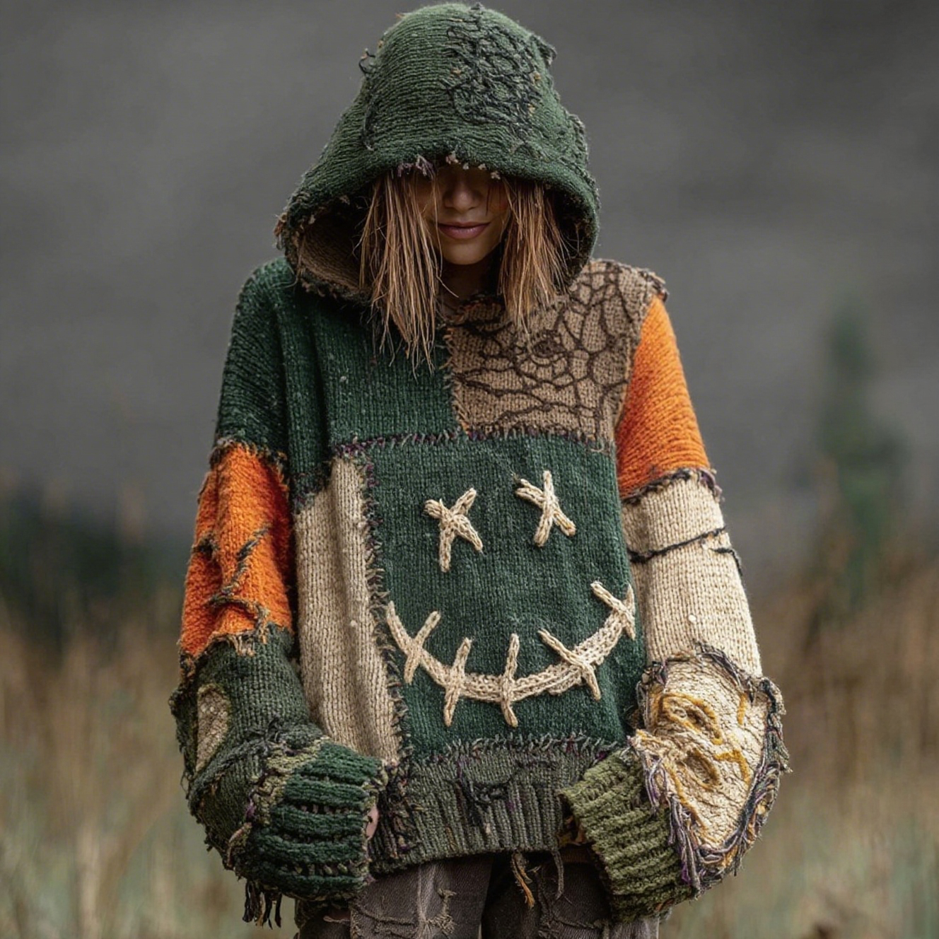 Halloween Spooky Face And Spider Web Patchwork Design Cozy Knit Hooded elevenforest