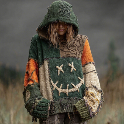 Halloween Spooky Face And Spider Web Patchwork Design Cozy Knit Hooded elevenforest