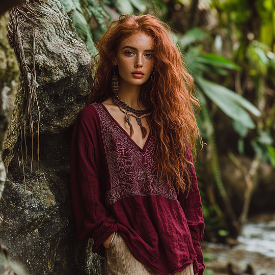 Bohemian Tribal Embroidery Print Cotton And Linen Blend Loose Blouse artswardrobe