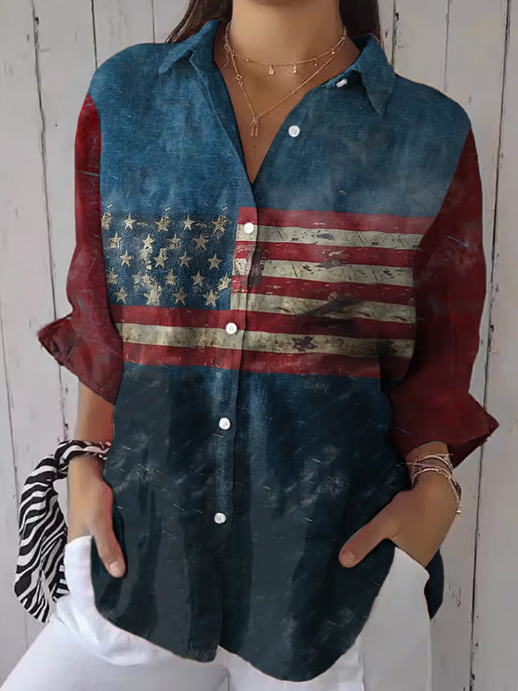 Comstylish Women's Casual Cotton And Linen Independence Day Shirt
