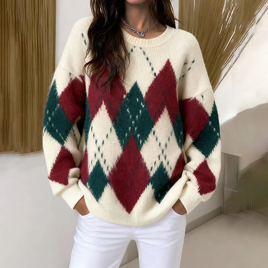 Women's Christmas Check Pattern Warm Casual Round Neck Sweater artswardrobe