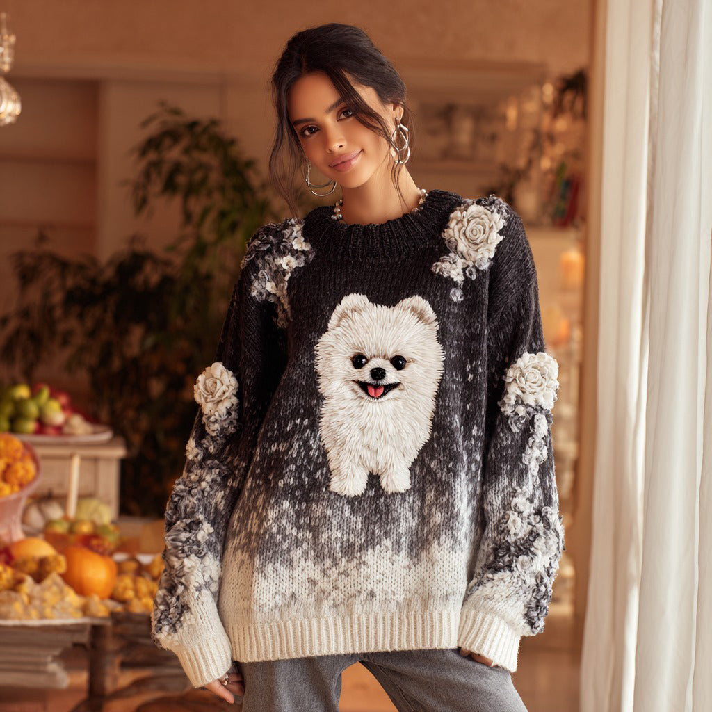 Vintage Rose And Pomeranian Puppy Gradient Cozy Knit Sweater elevenforest