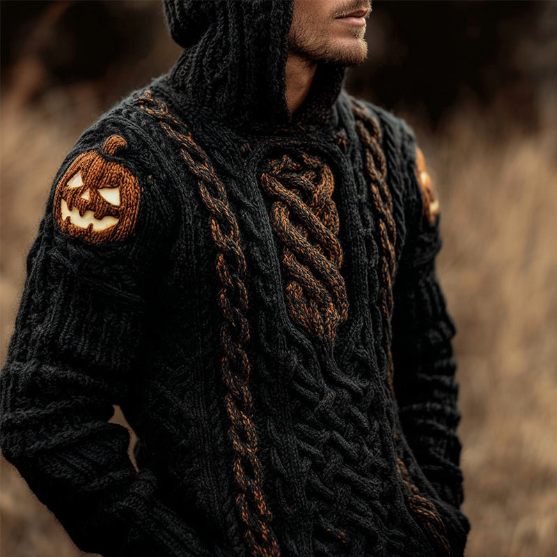 Men's Halloween Pumpkin Face Jacquard Chunky Hooded Sweater artswardrobe