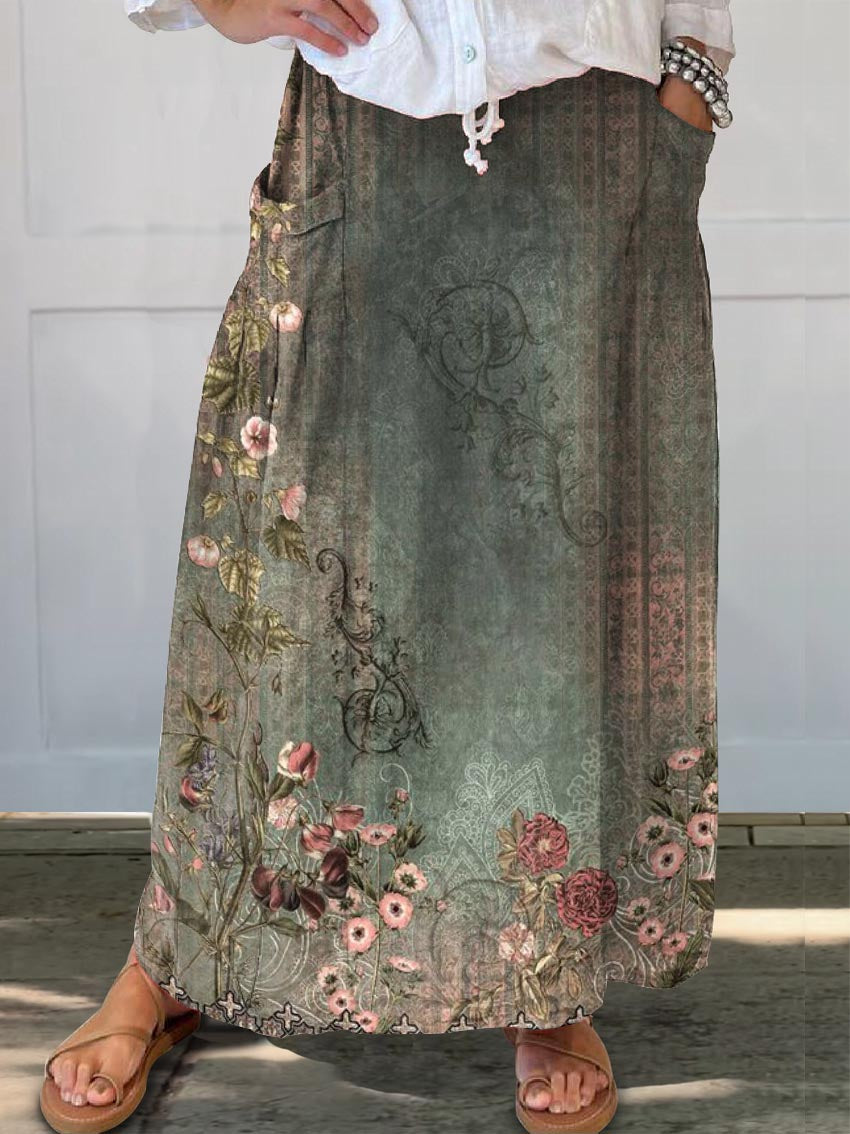 Women's Vintage Ethnic Floral Print Linen Pocket Skirt