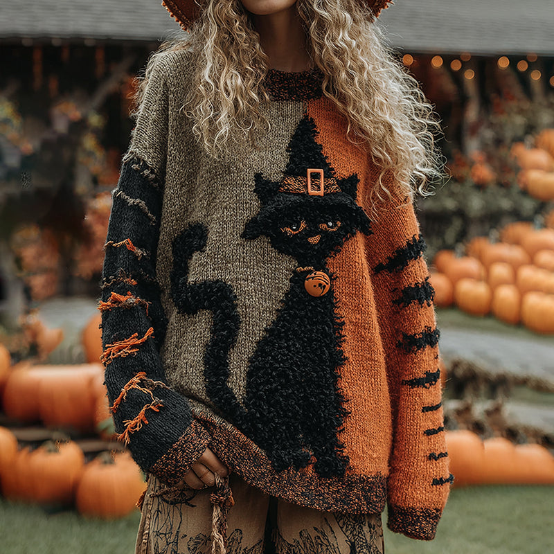 Halloween Cute Witch Cats Art Cozy Knit Sweater artswardrobe