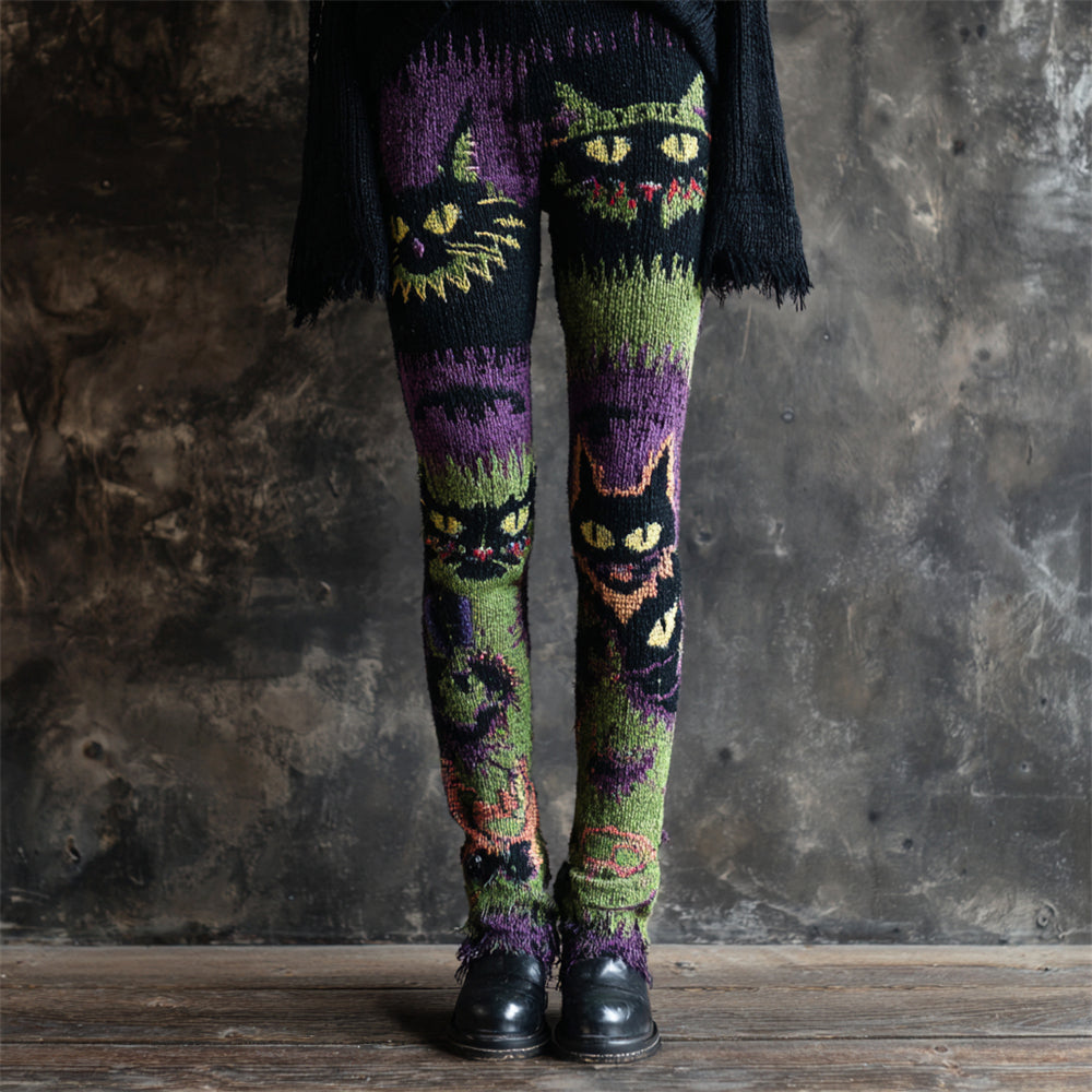 Comstylish Halloween Spooky Cat Embroidered Women's Knit Leggings
