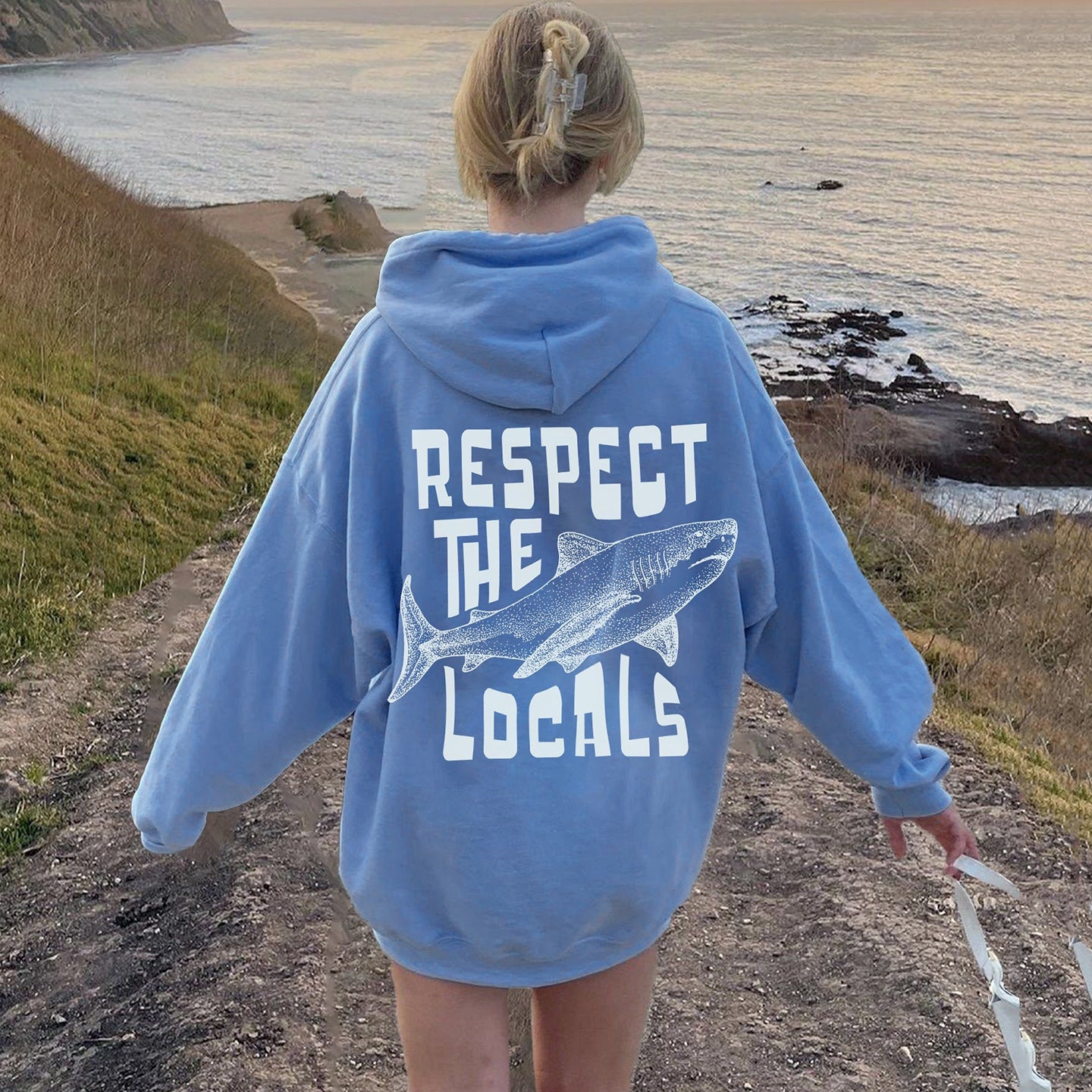 Comstylish Respect The Locals Marine Life Shark Print Loose Women's Hoodie