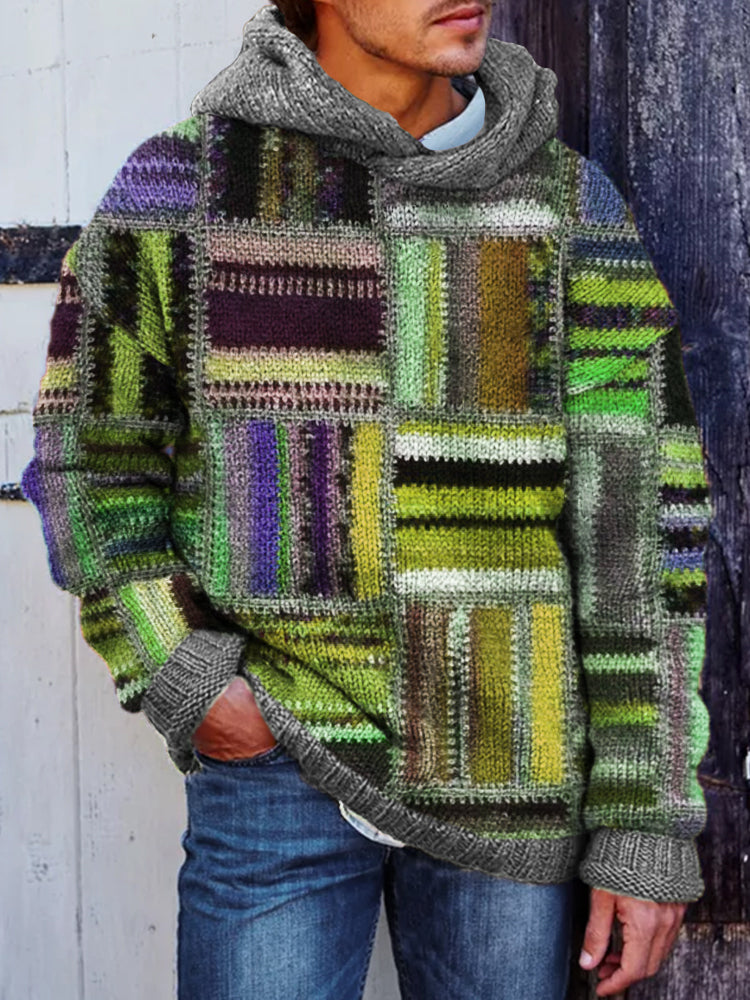 Men's Retro Colorblock Patchwork Cozy Hooded Sweater elevenforest