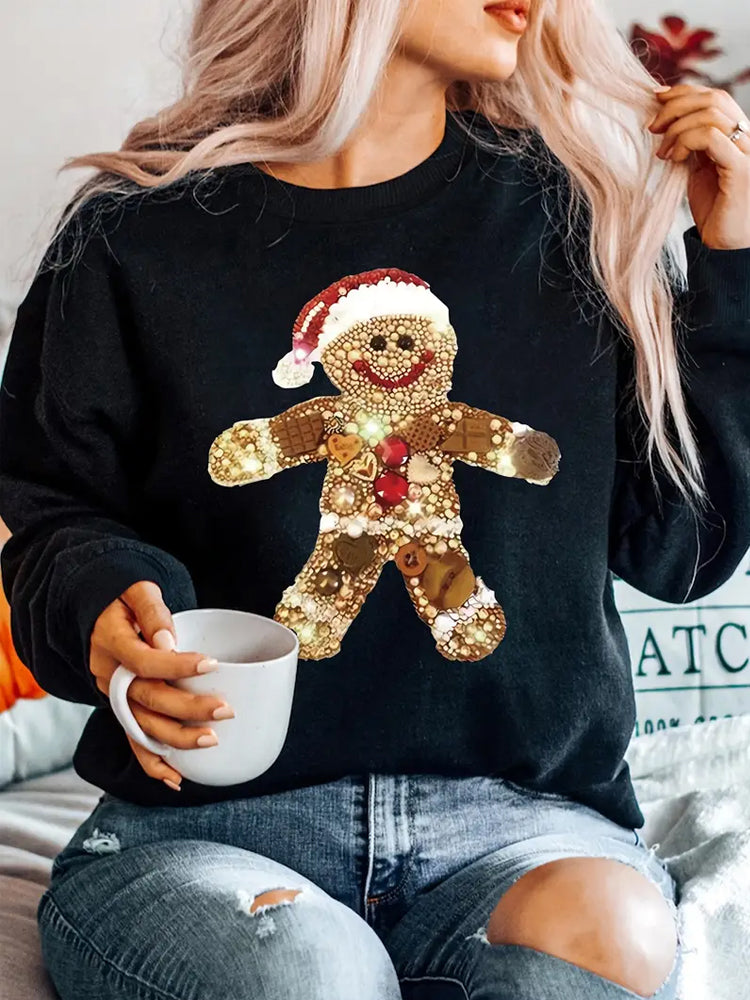 Comstylish Christmas Sequins Gingerbread Man Pattern Women's Sweatshirt