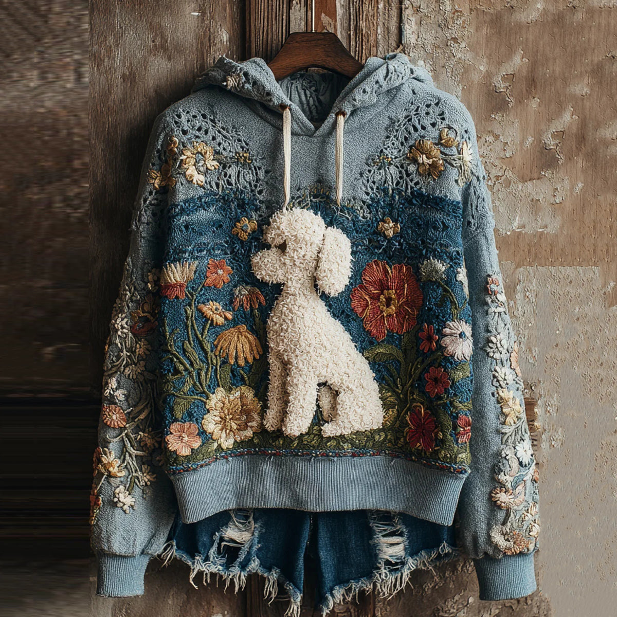 Comstylish Women's Lace Floral Art Dog Print Casual Hoodie