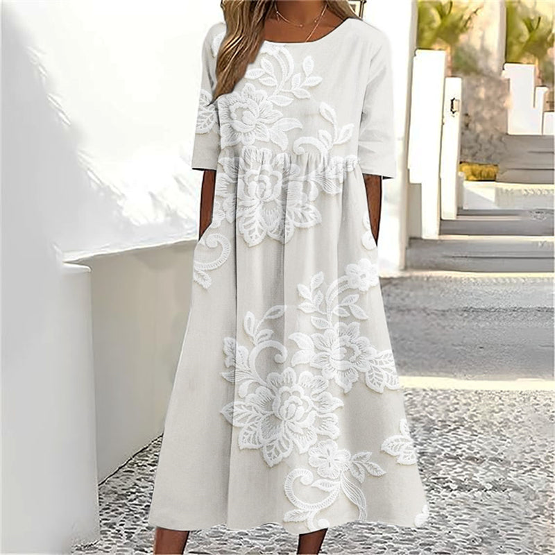 Classy Flowers Embroidered Lace Linen Maxi Dress artswardrobe