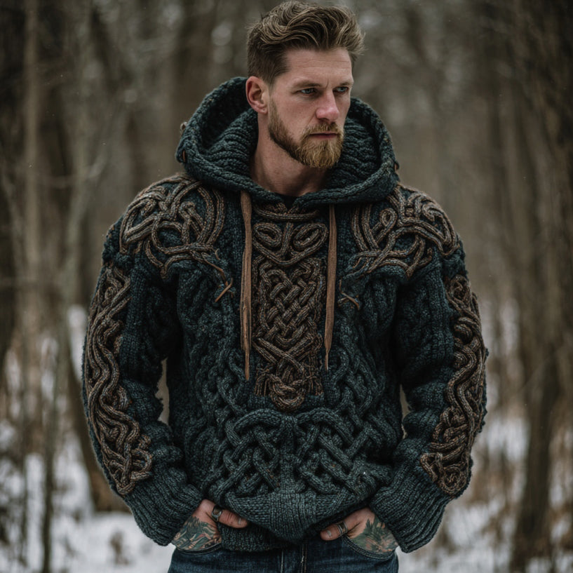 Men's Viking Celtic Knot Jacquard Knitted Hooded Sweater elevenforest