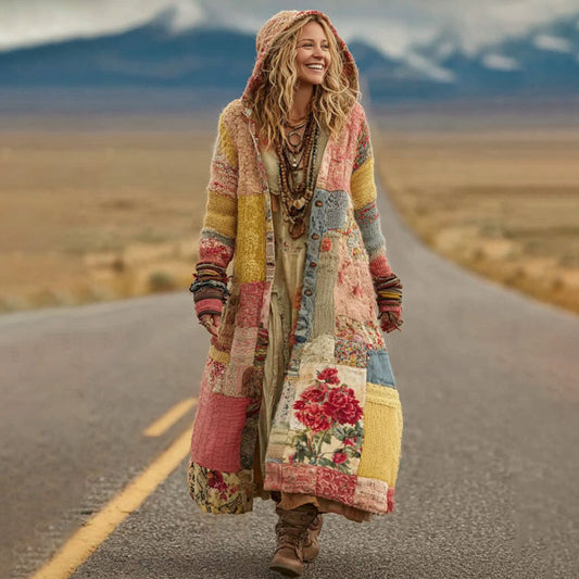 Comstylish Women's Vintage Patchwork Floral Art Cozy Knit Hooded Long Cardigan